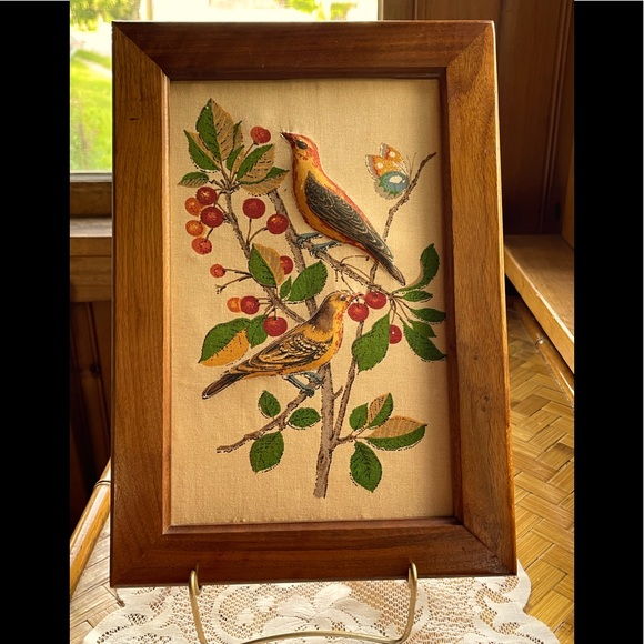 Framed vintage fabric bird print, unique!